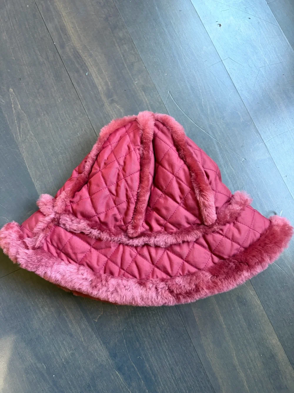 UGG Quilted Faux-Fur Bucket Hat in Burgundy Pink Girls Hat